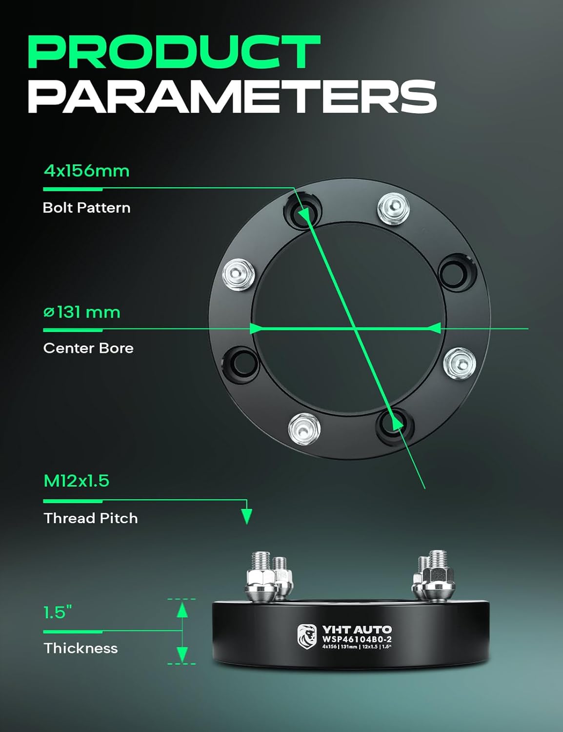 YHTAUTO 4x156mm Wheel Spacers 1.5 inch Compatible with Polaris RZR 2013-2017, Ranger 2013-2017, Tire Spacers w/ M12x1.5 & 12.9 Grade Studs, 131mm Center Bore 4 Lug 2PCS Black