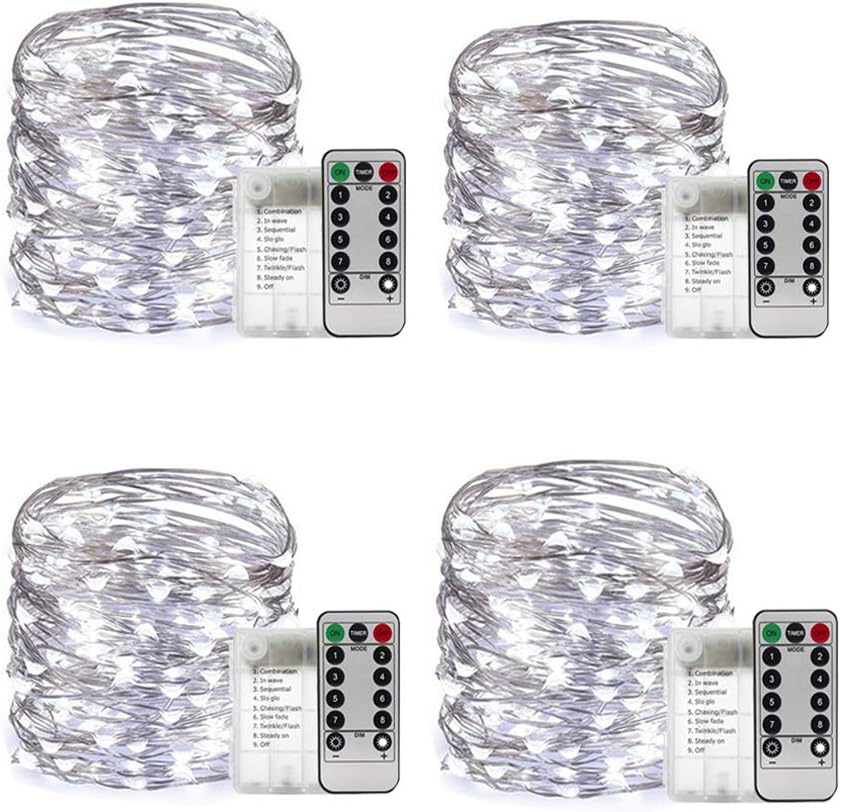 Christmas String Lights Battery Operated Fairy Lights 50 LED 16.4ft Silver Copper Wire Lighted for Holiday Wedding Parties Holiday Decorative (4 Pack White)