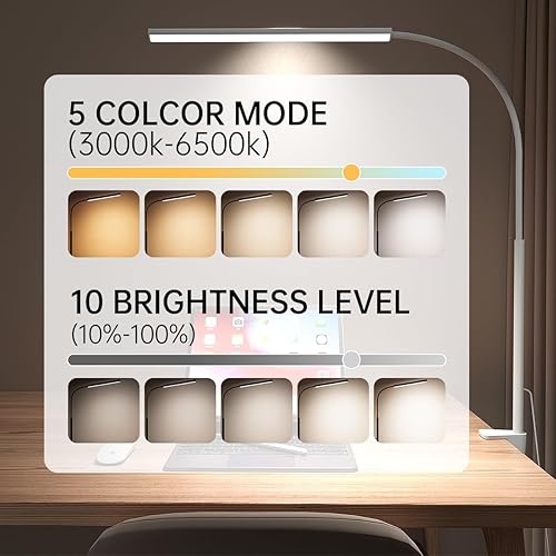 Miniatura 3 de Lámpara de escritorio LED con abrazadera, protección ocular con clip, 5 modos, 10 ajustes de brillo, lámpara de cuello de cisne flexible de 360 para