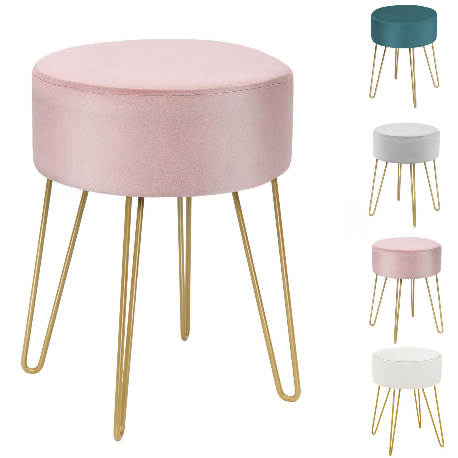 HOMASIS Makeup Stool Toilet, Velvet Pouf, Sofa Footstool, Gold Metal Legs, Modern Stool, 34 x 46 cm (Pink)