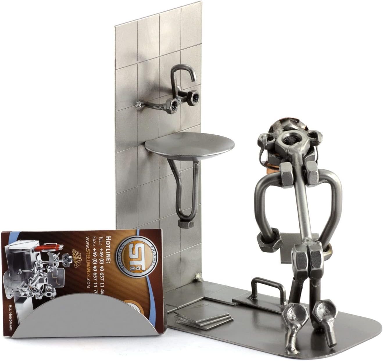Steelman24 Tiler with Business Card Holder Sculpture Nuts and Bolts Handmade Made in Germany Metal Figurine