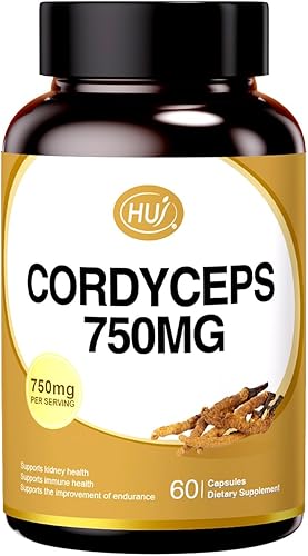 HUJ Cordyceps Cápsulas de hongos  Suplemento Cordyceps con micelio dual  Salud renal, salud inmune y apoyo energético  60 cápsulas