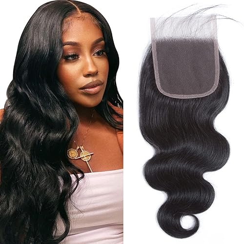4x4 Lace Closure Body Wave Human Hair Transparent Lace Closure Human Hair 100% Unprocessed Brazilian Virgin Body Wave Human Hair 150% Density Body Wave Transparent Lace Closure Natural Black 22Inch