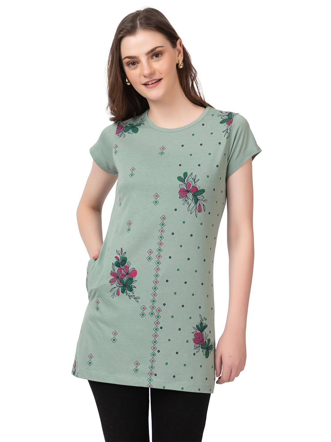 Star Touch Women Printed Cotton Tshirt with Side Slits & Pocket