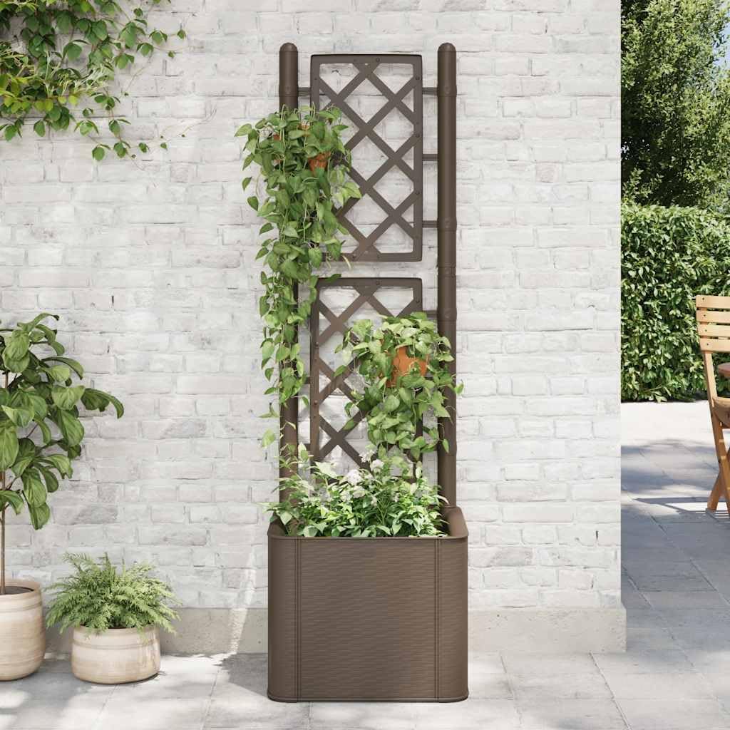 55.9" Tall Raised Garden Bed with Trellis, 9.2 Gal Self-Watering Planter Box, Mocha UV-Resistant Plastic Square Elevated Planter for Outdoor Patio Balcony Growing Herbs Vegetables