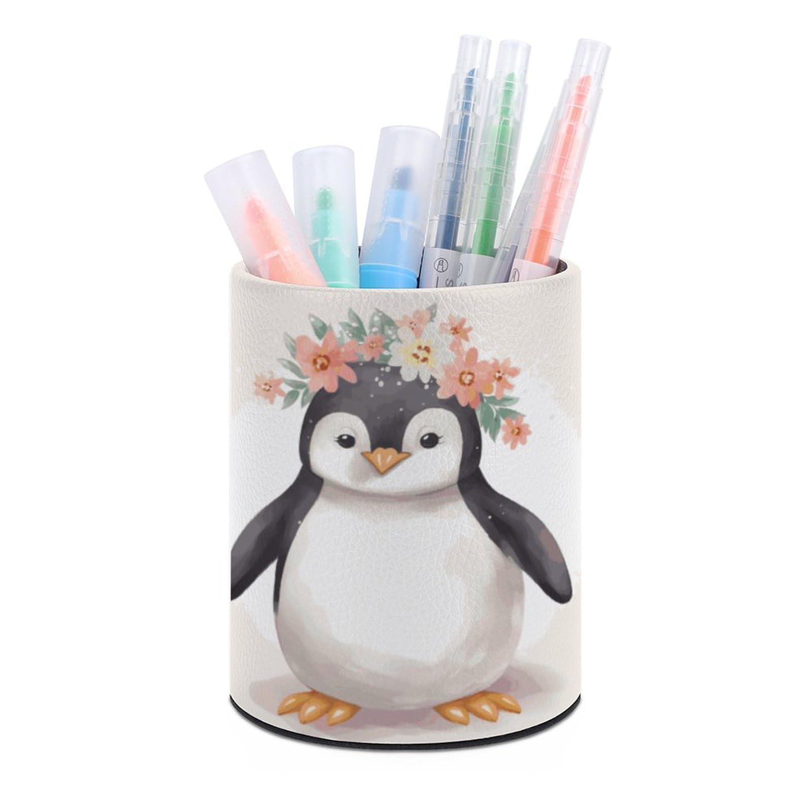 JTREHY Round Pen Holder,Penguin Wearing Flowers Printed Makeup Brush Storage Box for Home Office Dressing Table