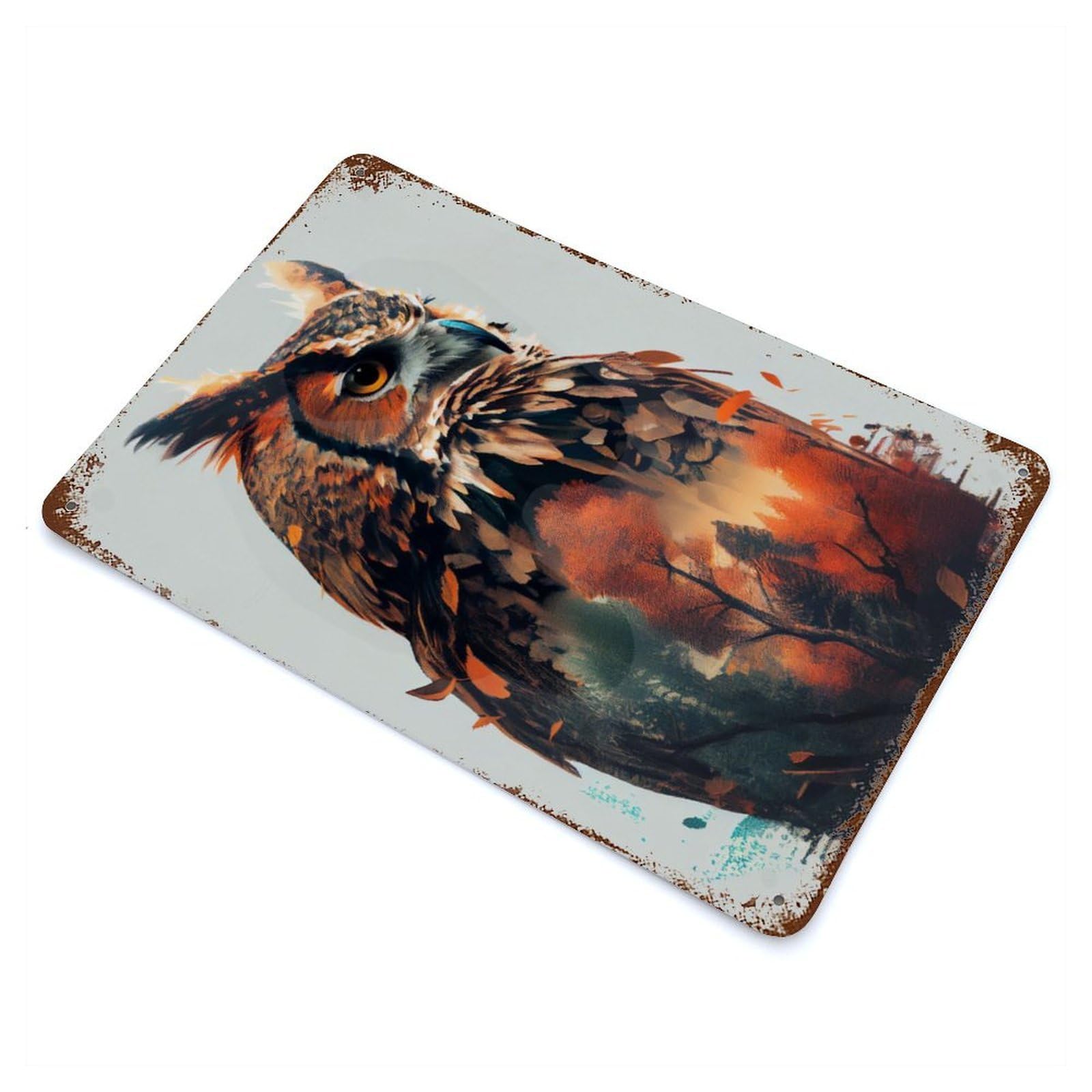 Vintage Rust Metal Sign with Owl Double Exposure Design 11.8"x7.9", for Shed, Workshop And Garage Wall Decor, Classic Wall Plaque