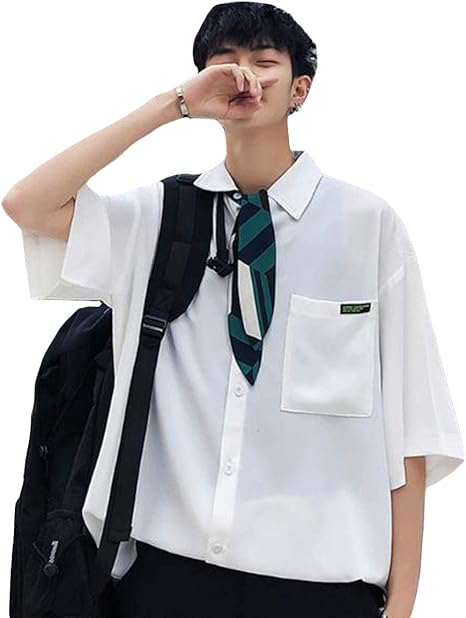 Amazon Bscoolメンズ シャツ 半袖 トップス 大きいサイズ 韓国ファッション ネクタイ付け 薄手 通学 夏物 D白 シャツ 通販