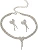 Crystal Heart Necklace Earrings Set 3Pcs Rhinestone Love Heart Choker Necklace Tassels Collar Jewelry for Women Girls