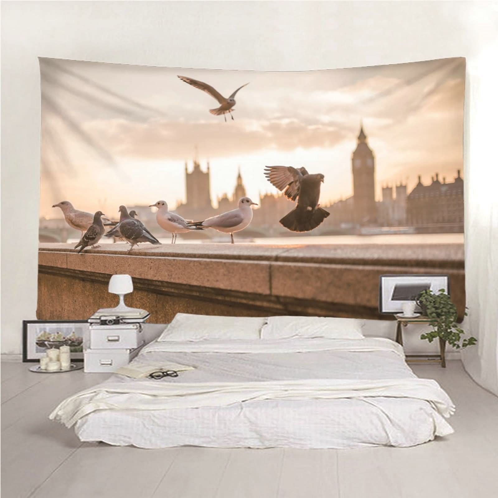 Tapiz Suelo, Decoración Colgar Pared Paloma de Pie En La Barandilla Poliéster Gris Blanco 350x256CM