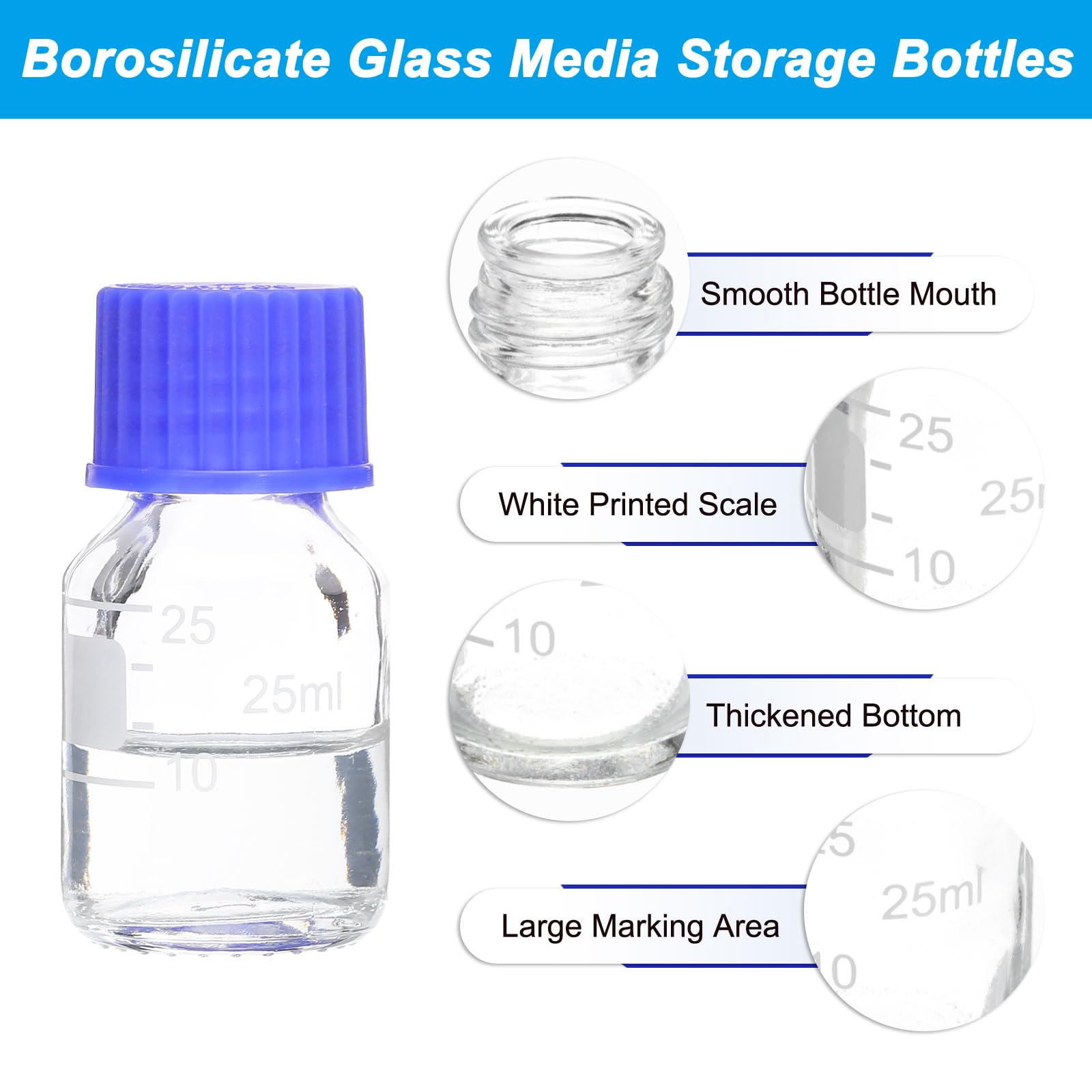 PATIKIL 10 Pezzi Flaconi Per Conservazione Reagenti, 25ml Borosilicato Vetro Graduato Flaconi Rotondi Con Tappo A Vite GL32 Blu Per Liquidi Reagenti Laboratorio, Trasparente