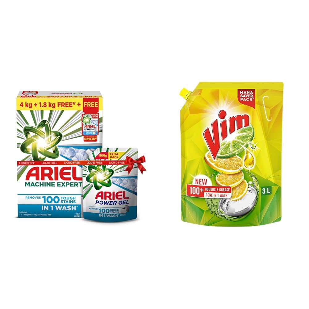 Ariel Matic Machine Expert Detergent Powder Top Load - 4Kg + 1.8 Kg + 500g Liquid free | Removes 100 Tough Stains in 1 wash | Specially Designed for Washing Machines | Fresh Fragrance & Vim Dishwash-picture-28