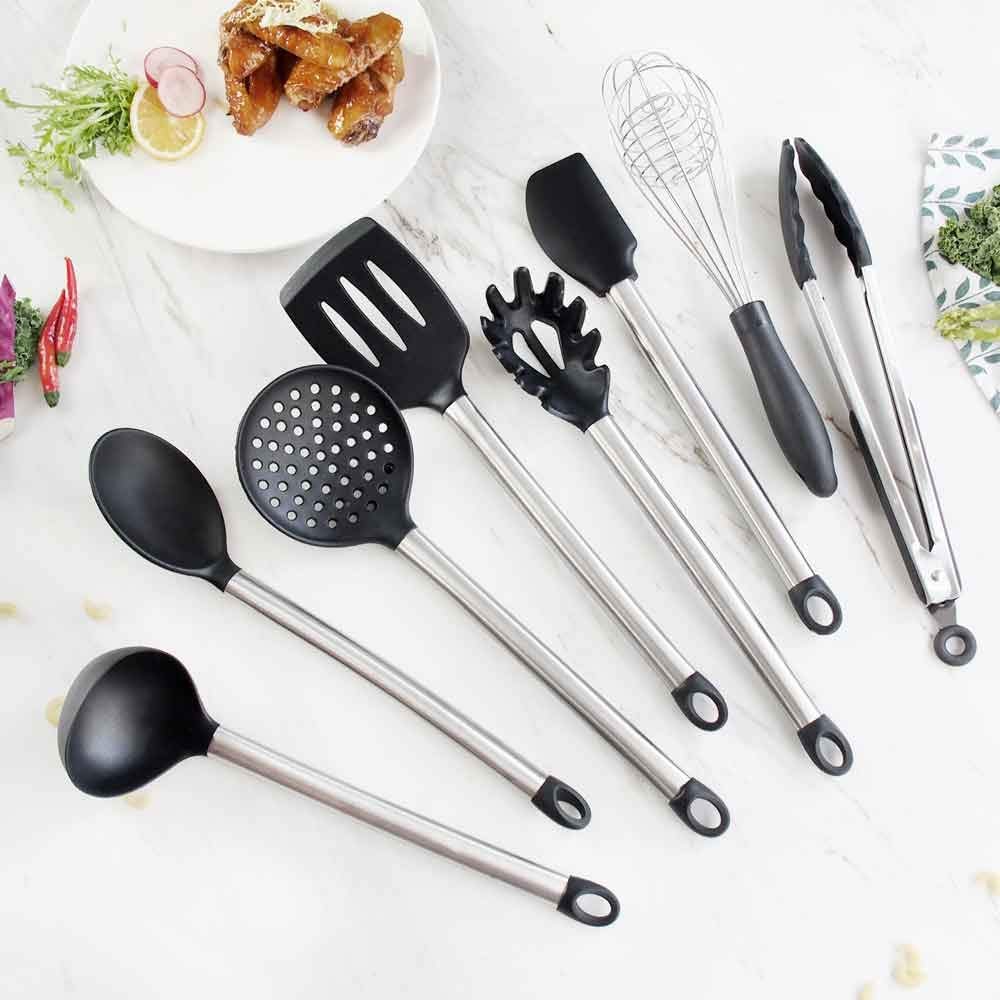 Juego de Utensilios de Cocina de Silicona, espátula Antiadherente, Pala con Mango de Acero Inoxidable, 8 Uds.