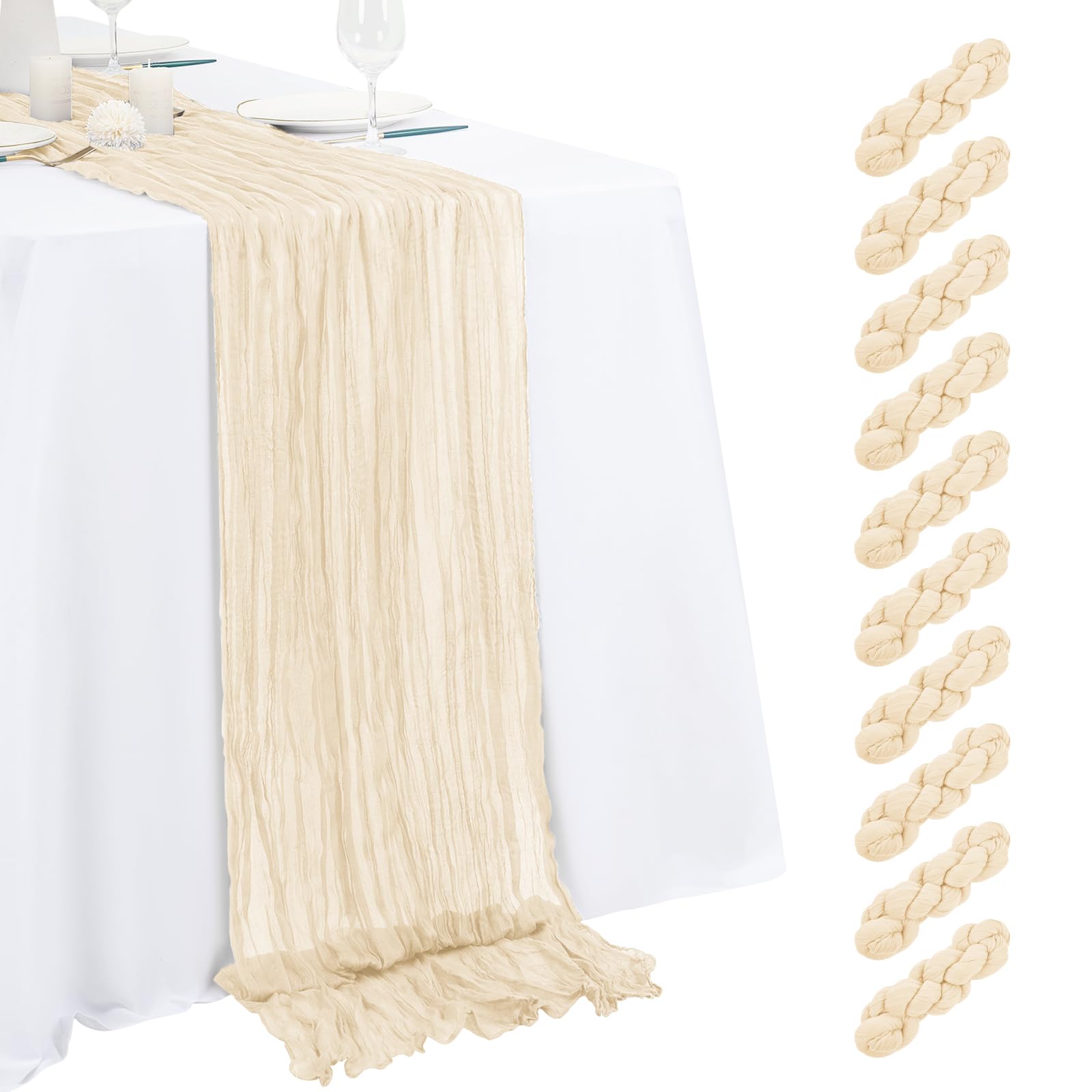 Photo 1 of 10 Pack Ivory Cheesecloth Table Runner 17x108 Inch Semi Sheer Boho Gauze Cheese Cloth Table Runners, for Wedding Bridal Shower Birthday Party Home Decor Garden Farmhouse