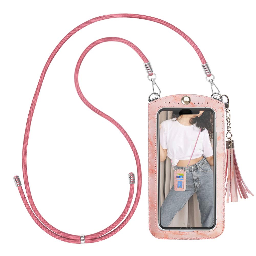 takyu Phone Pouch with Pink Strap, Touch Screen Bag for Phone - Marble Pink, M