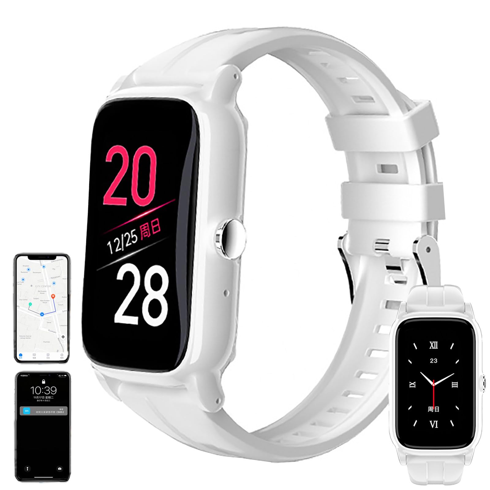 Notfalluhr für Senioren mit Sturzsensor, GPS Tracker, 1,5-Zoll-HD-Display, Gesundheitsüberwachung, Silikon Armband für Alzheimer-Tracking White