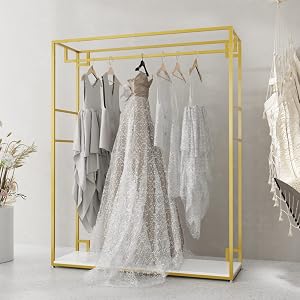 HOMEKAYT Gold Clothing Racks with Shelves Weeding Dress Retail Clothes Rack Freestanding Shoes Bags Clothes Organizer Garment Rack