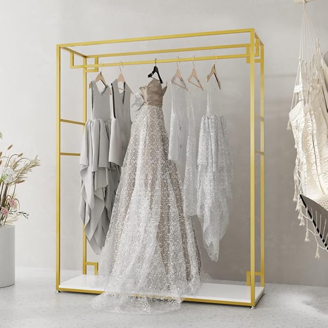 HOMEKAYT Gold Clothing Racks with Shelves Weeding Dress Retail Clothes Rack Freestanding Shoes Bags Clothes Organizer Garment Rack