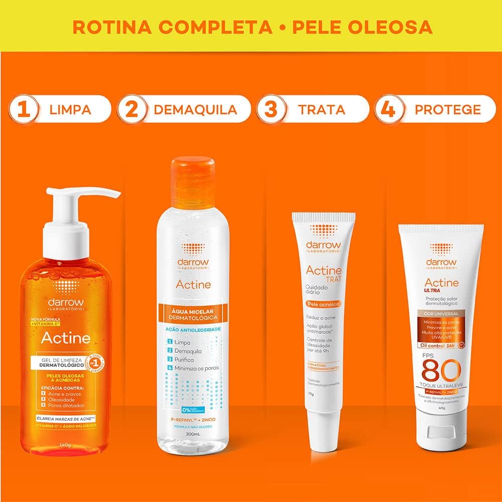 Darrow Actine Gel de Limpeza Dermatológico Facial com Ácido Salicílico, Vitamina C e Lactato de Mentila, Redução de 86% da Acne e -90% Oleosidade Imediatamente, 300g refil