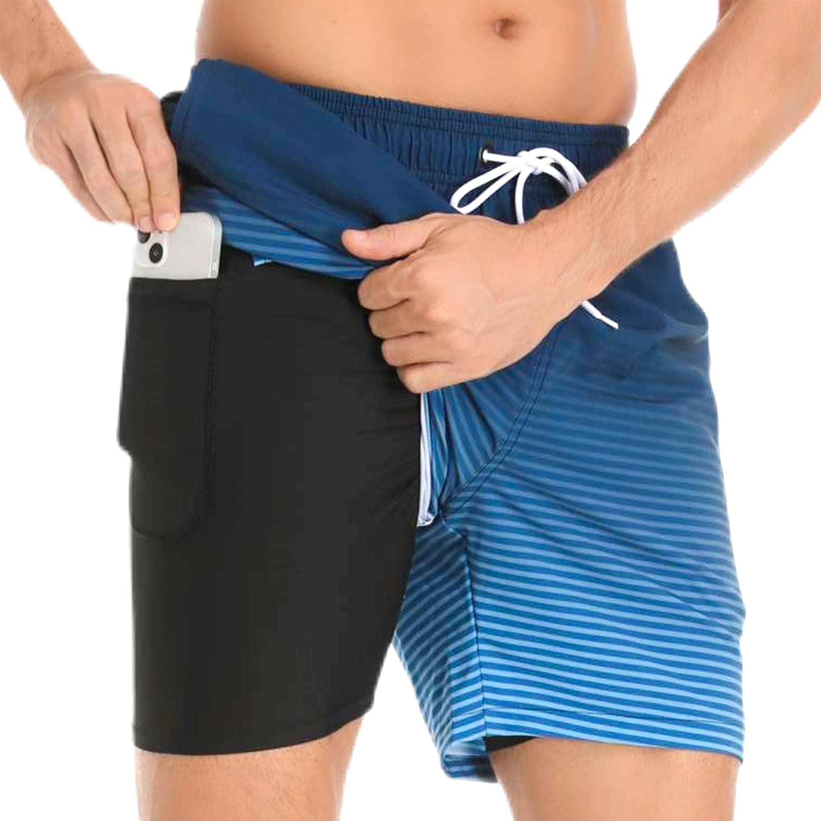 Aisprts Bañador Hombre Shorts de Baño 2 en 1 con Forro de Compresión Pantalones Cortos de Natación Elásticos de Secado Rápido Shorts de Playa con 2 Bolsillos con Cremallera