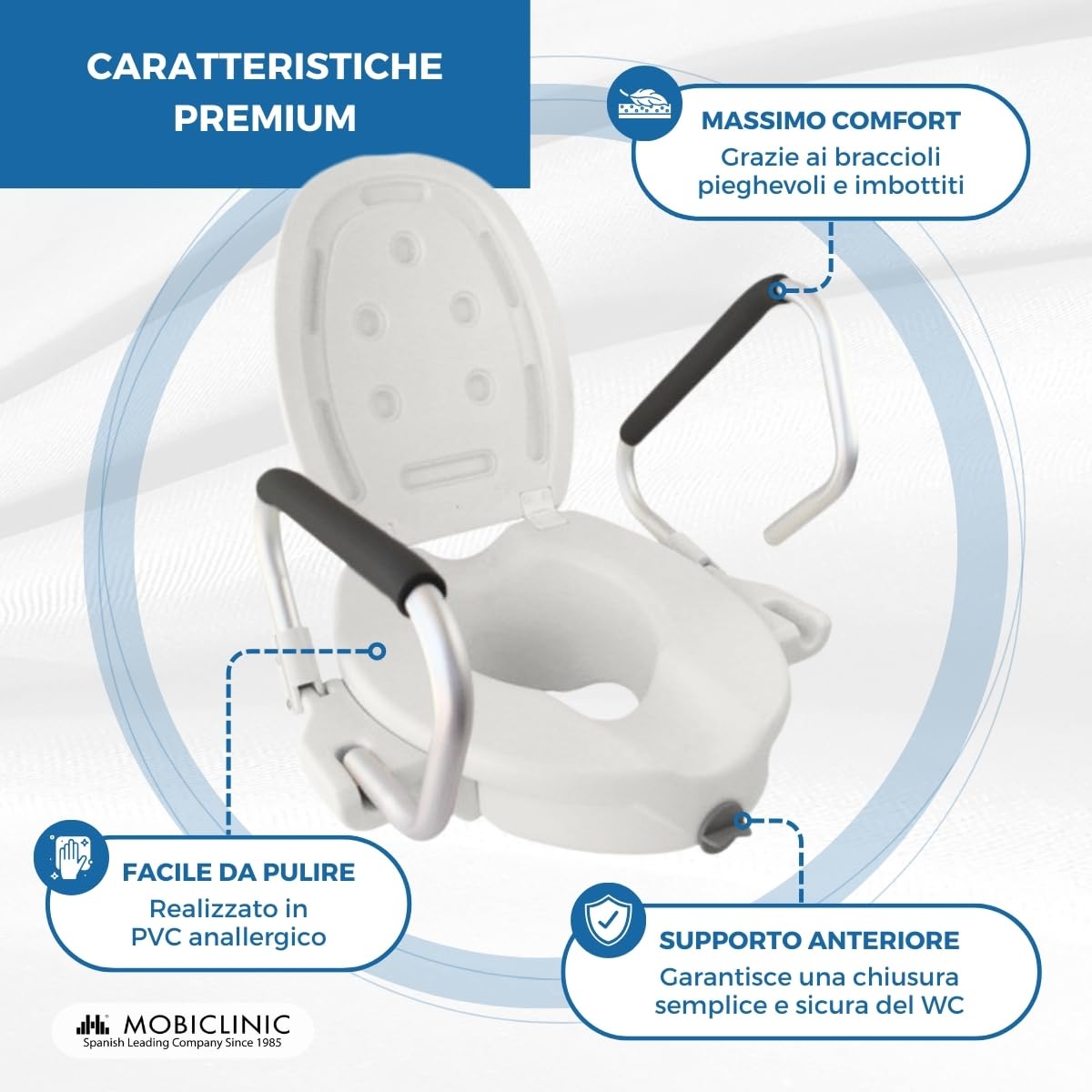 Mobiclinic®, Rialzo wc per anziani, 17cm, Con braccioli pieghevoli imbottiti, Coperchio, Adattabile a ovali, Ergonomico, Leggero, Sicuro, Marchio spagnolo, Modello guadiana