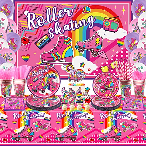 LSJDEER Forniture per feste di pattinaggio a rotelle - Le decorazioni per feste di compleanno di pattini a rotelle includono sfondo di buon compleanno, decorazioni per torte, piatt