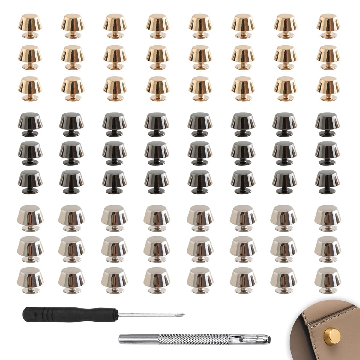 72 Pezzi Piedini per Borse,11mm Borchie per Piedi Borchie Chiodi in Lega Piedini Metallici per Borse, con Cacciavite e Punzonatore, per Borsette, Zaini, Artigianato Fai da Te(Oro Argento Nero)