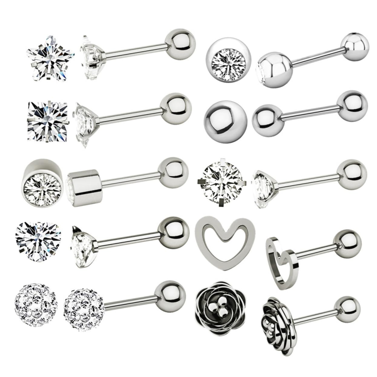 KESYOO 10 Pairs of Unisex Stainless Steel Puncture Jewelry Set Zircon Earrings Eyebrow Nails Lip Nails Nose Studs and Ear Bones Elegant Body Jewelry Collection Silver