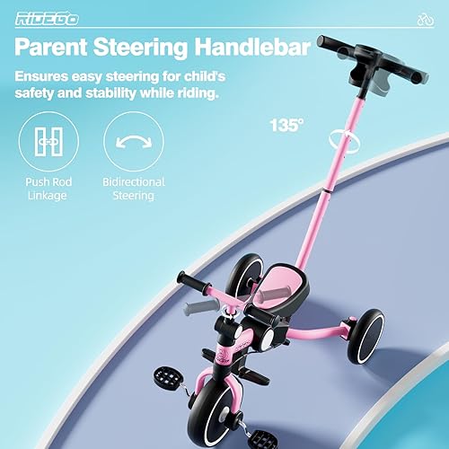 Miniatura 3 de Ridego Triciclo 5 en 1 para niños pequeños de 3 a 5 años, bicicleta plegable con mango de empuje y soporte para tazas, bicicleta de equilibrio ideal
