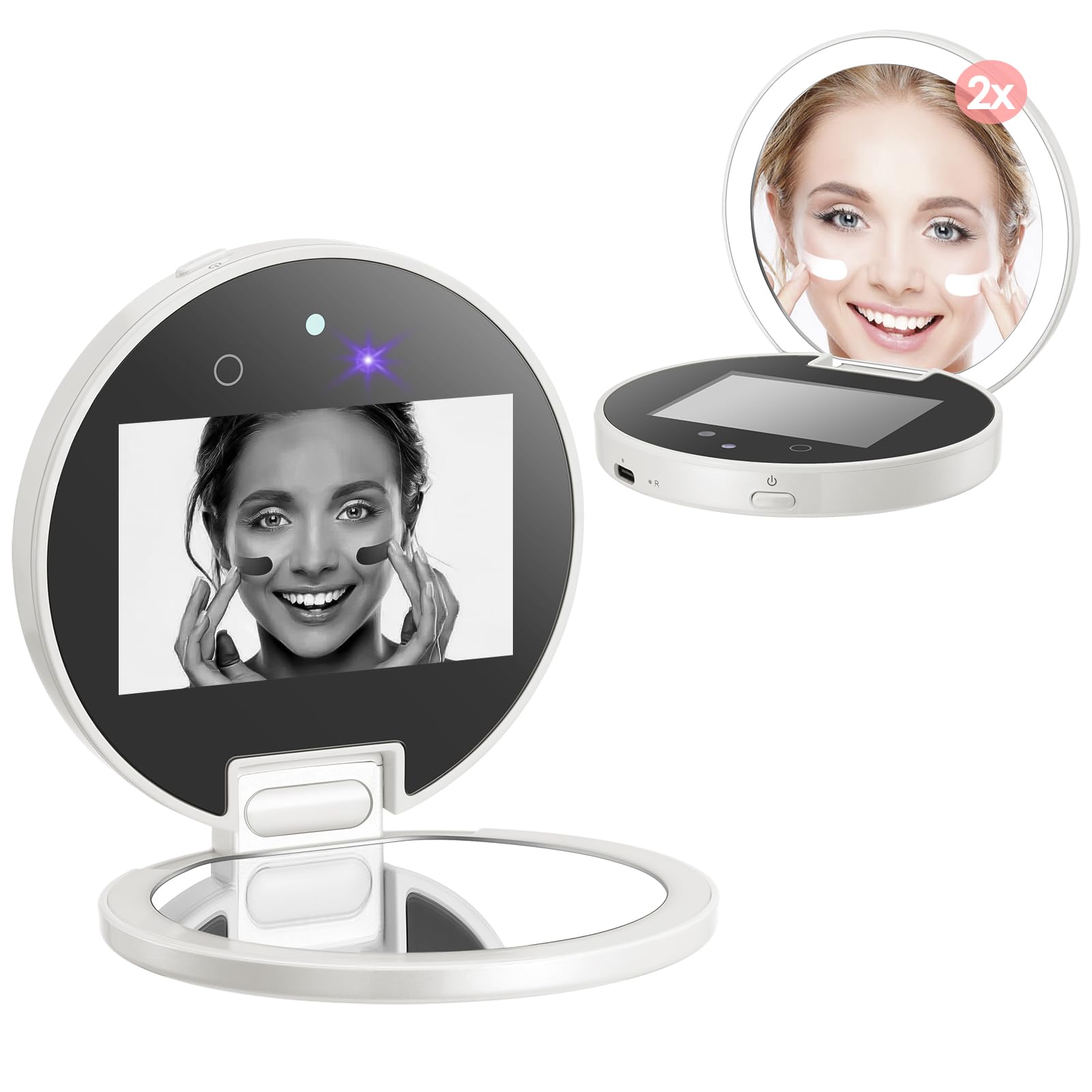 UV Camera for Sunscreen Test UV Mirror Sunscreen Camera, 3.8 Inch Rechargeable 2X Magnifying Vanity Mirror with Light Handheld Double-Sided Pocket