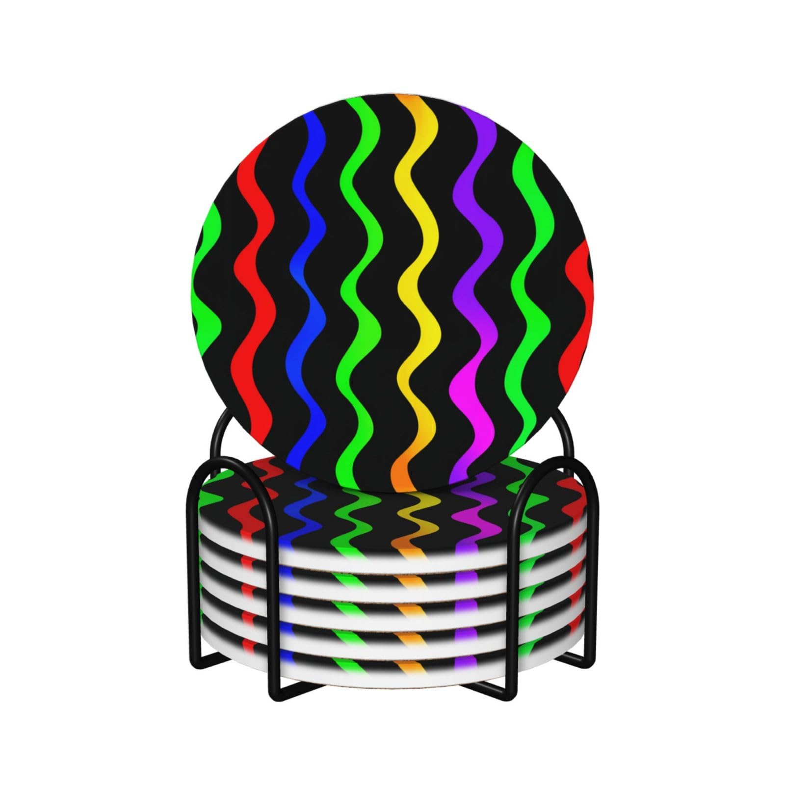 Wavy Rainbow Stripes On Black Ceramic Coasters with Holder 6ps
