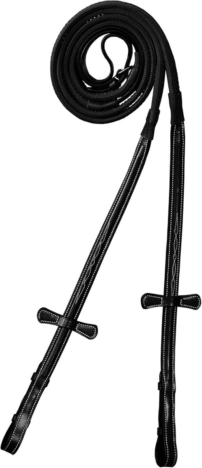 Exion 5/8" (16mm) Designer Stitched Raised Leather Rubber Reins | Premium Grip English Horse Reins with Hook Studs | Durable Non-Slip Reins for Jumping, Hunting, Eventing & Everyday Riding