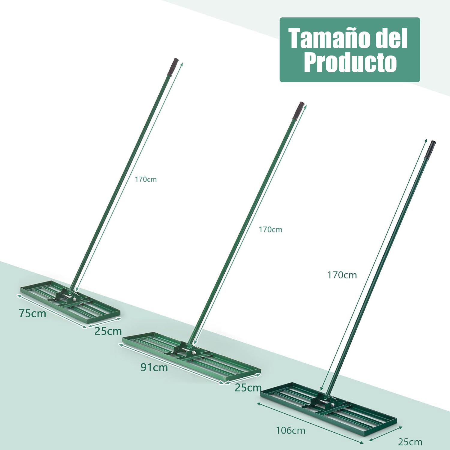 GOPLUS Rastrillo de Nivelación de Césped, Rastrillo Jardín con Mango Ergonómico 170 cm, Nivelador para Jardinería, Paisajismo, Nivelación, Patio, Campo de Golf (Verde 91 x 25 cm)