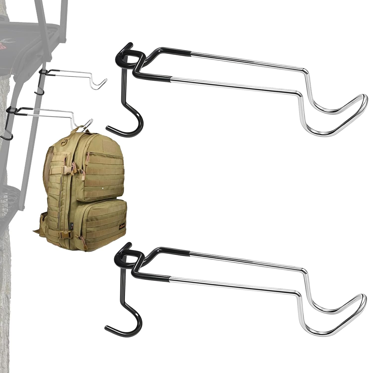 Metal Hunting Tree Stand Hooks - Bow Hanger for Tree Stand Gun Holder, Non-Slip Tree Stand Accessories, Easy Clamps on, Fits 0.75" to 1.25" Round & 1" Square Tree Saddle Seat