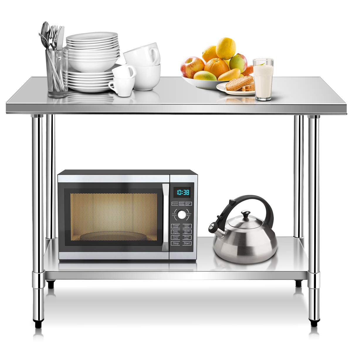 COSTWAY Tavolo da Lavoro in Acciaio Inox 122 x 61 x 90 Professionale, Bancone in Acciaio con Ripiano Regolabile, Mobile con Piano di Lavoro Preparazione di Alimenti, per Cucina e Ristorante