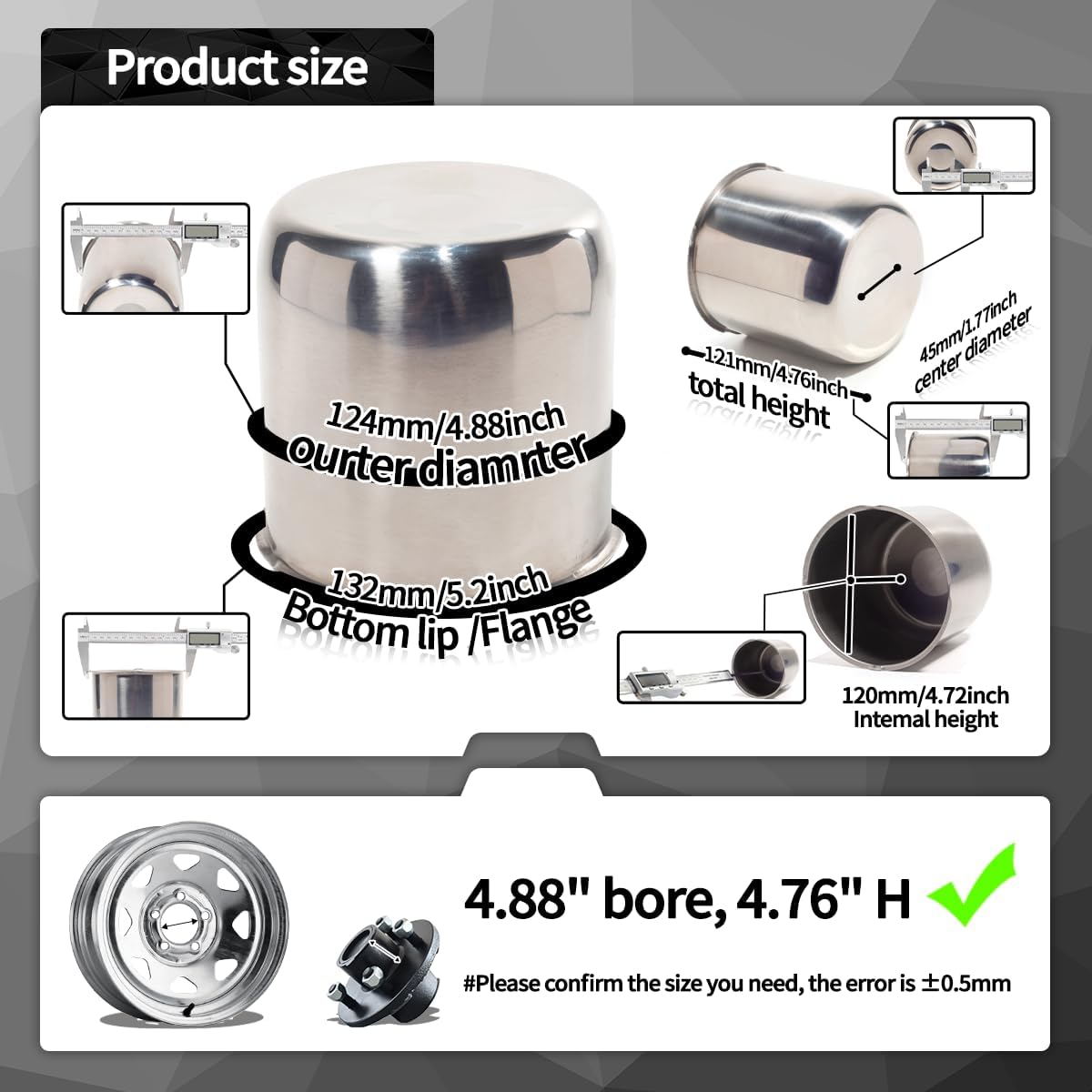 4Pcs 4.88inch Stainless Trailer Wheel Center Caps Push Through 4.88" Bore 4.76" Tall Hub Cap for Truck SUV RV Wheel Rim, Chrome Wheel Cover
