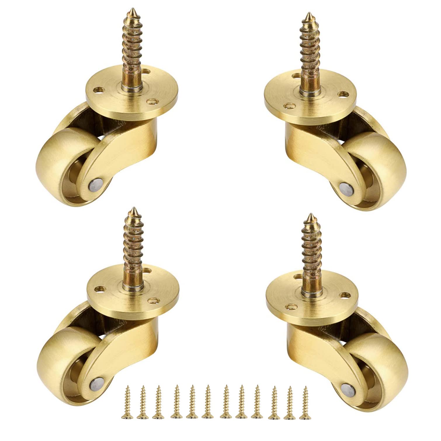 Set di 4 Ruote a Vite in Ottone Massiccio lucidato, Mini rotelle Vintage Dorate per mobili, girevoli a 360°, capacità di carico 150 kg, Ideali per tavoli e riparazioni di pianoforti.
