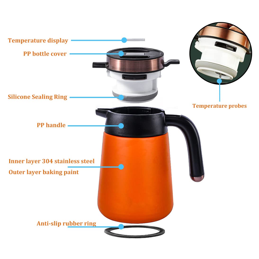 1.6 liter Isolierkanne Thermoskanne, 304 Edelstahl Isolierkanne Kaffeekanne mit LED Temperaturanzeige Thermoskanne, ideal als Kaffeekanne oder Teekanne, Thermokanne mit 48H Wärmespeicherung (Orange)