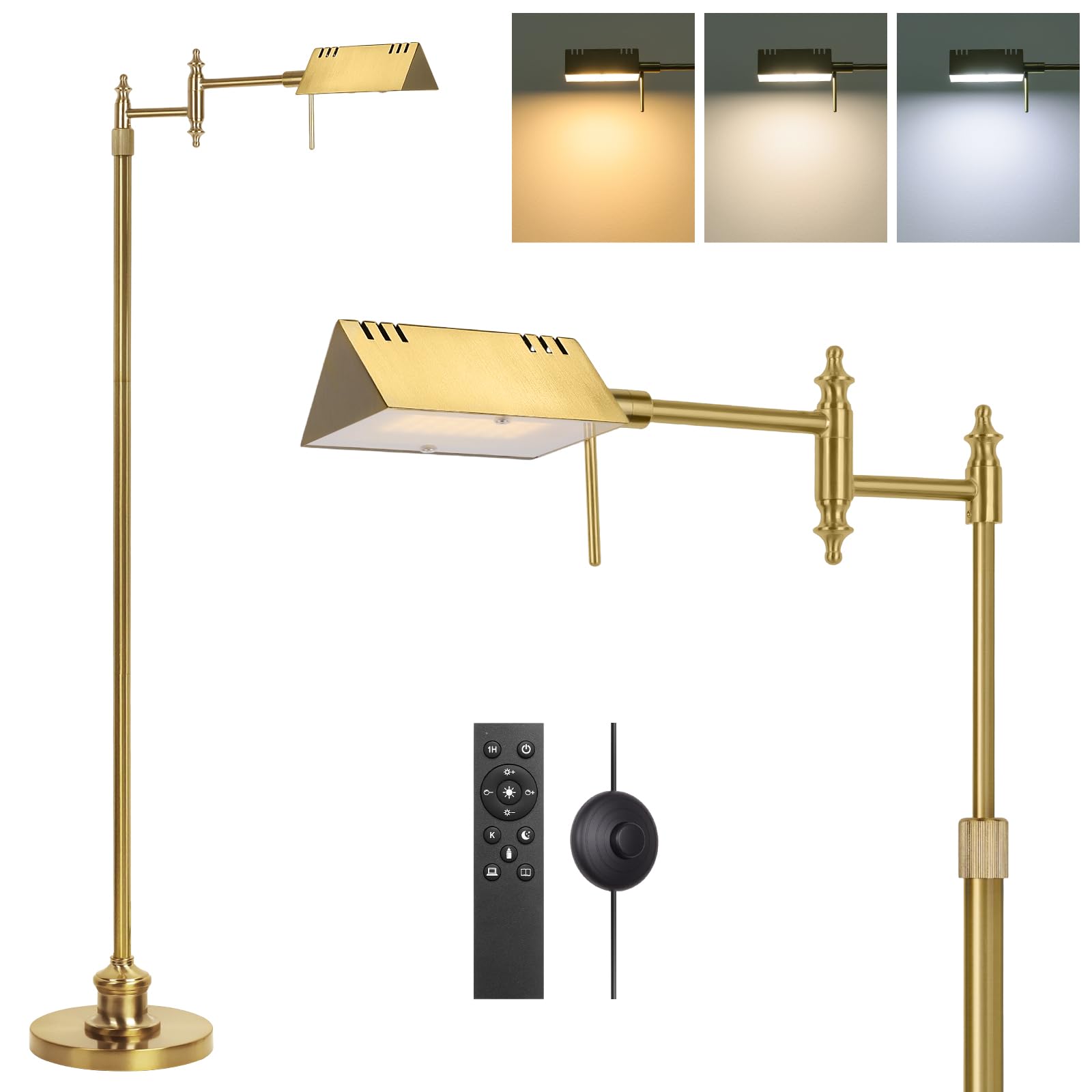 Dimmable Pharmacy Floor Lamp with Remote, 17W Gold LED Reading Floor Lamp with 360°Swing Arm, 3 Color Temperature, Height Adjustable Standing Task Lamp for Living Room, Bedroom, Office, Antique Brass