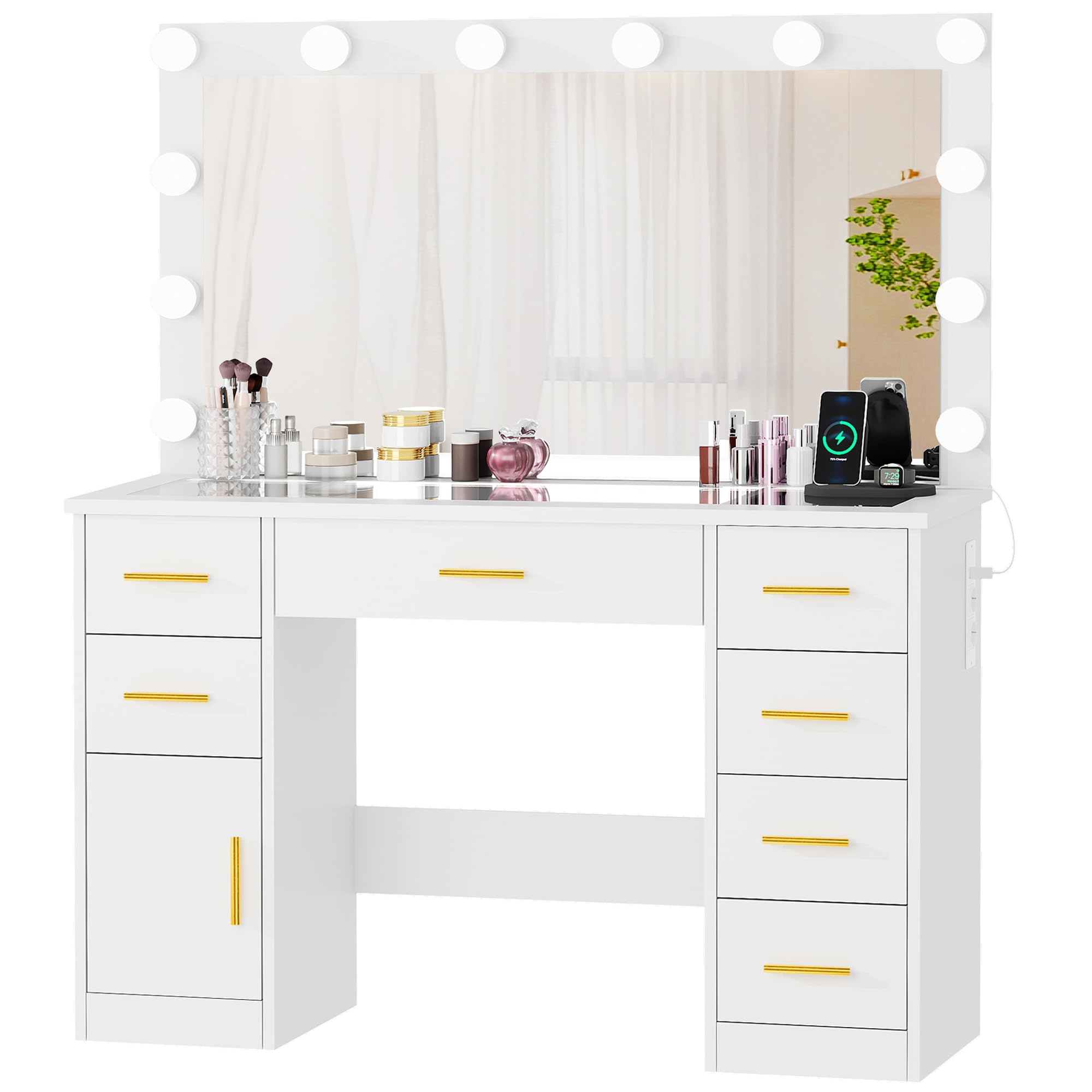 ANWBROAD Grande Coiffeuse avec Miroir et Prise, Éclairage LED Réglable,Table de Maquillage avec 7 Tiroirs Coiffeuse Moderne avec Grand Espace de Rangement Blanc 110x140x40cm BDT83W