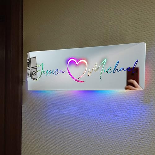 Miniatura 4 de Nombre de pareja colorido personalizado, espejo LED con nombre de corazón, luz nocturna personalizada, 2 nombres, luces de neón, letrero de nombre