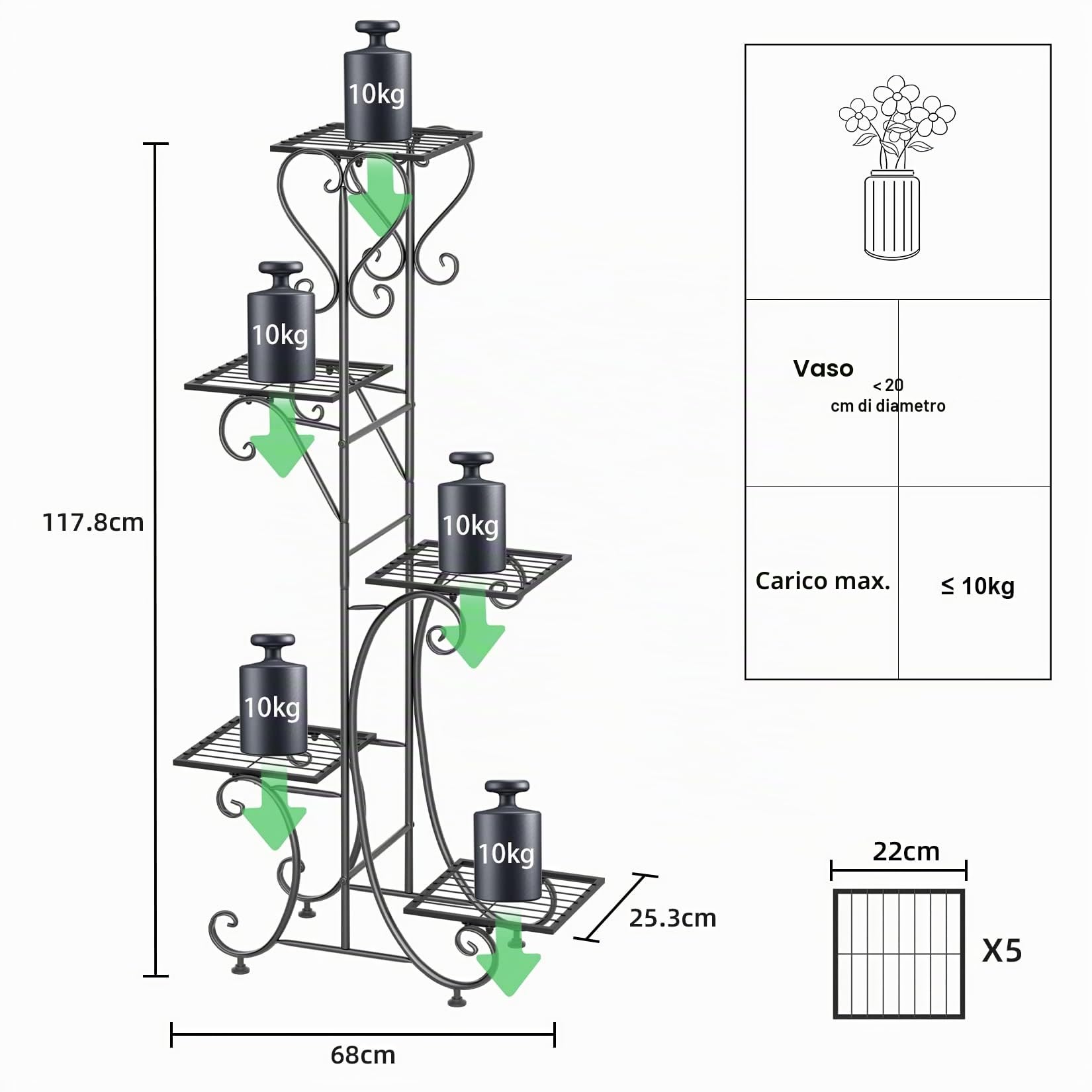 unho Scaffale per Piante Ferro Metallo: 5 Ripiani Portapiante da interno Portafiori esterno Portavasi a Verticale Supporto per Piante in ferro battuto da Balcone Giardino Terrazzo