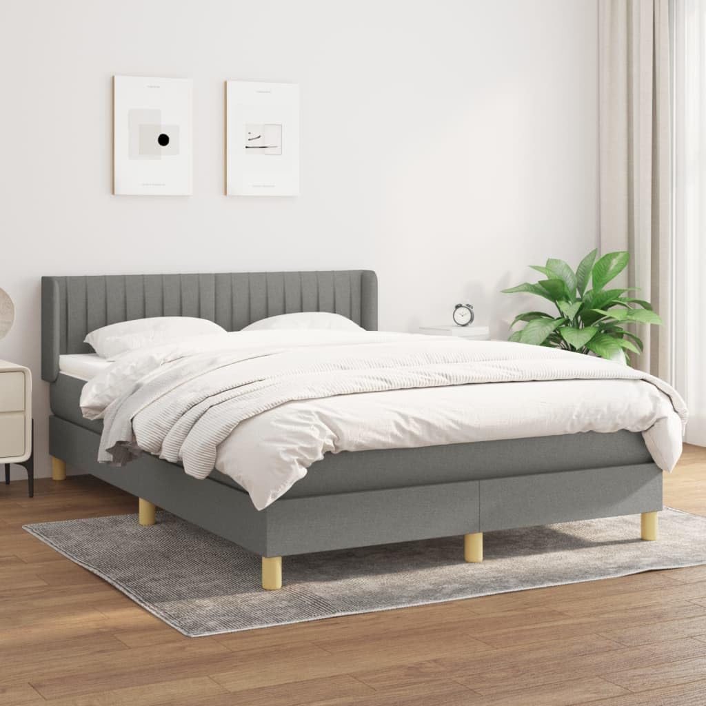 Łóżko kontynentalne z materacem ciemnoszarym, materiał 140 x 200 cm, ze stelażem i zagłówkiem, do sypialni, z materacem ze sprężynami kieszeniowymi i nakładkami