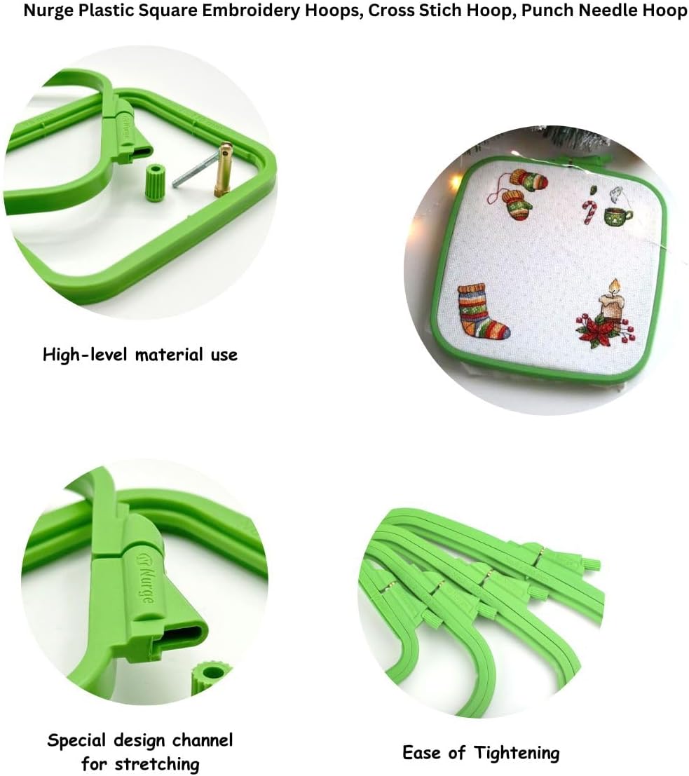 Nurge Green 4 Pcs Set Plastic Square Embroidery Hoop, Cross Stitch Hoops, Punch Needle Hoop (4 Pcs)