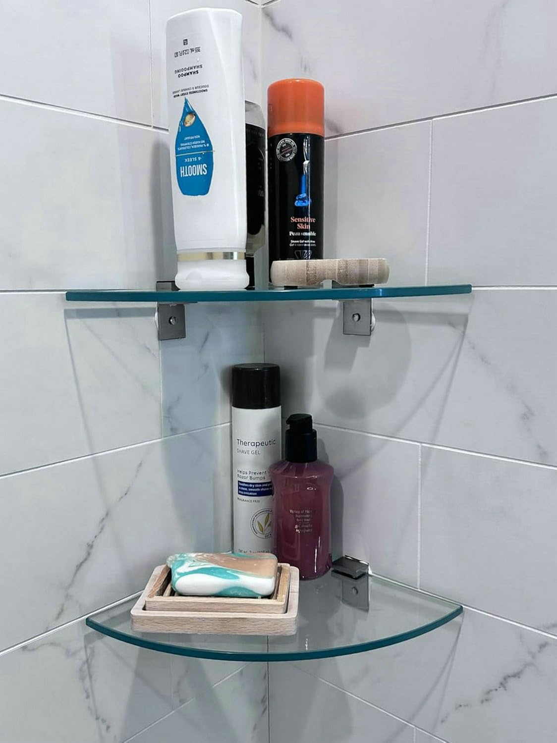 Bakzon Paquete de 2 estantes de ducha de esquina de cristal, estantes de pared de ducha para ducha interior, organizador de ducha sin taladros con soportes de aluminio para baño