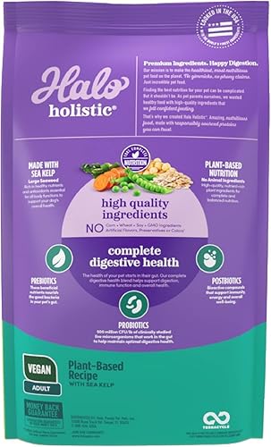Miniatura 2 de Halo Holistic Receta a base de plantas con algas, salud digestiva completa, bolsa de comida seca vegana para perros, fórmula para adultos, bolsa de