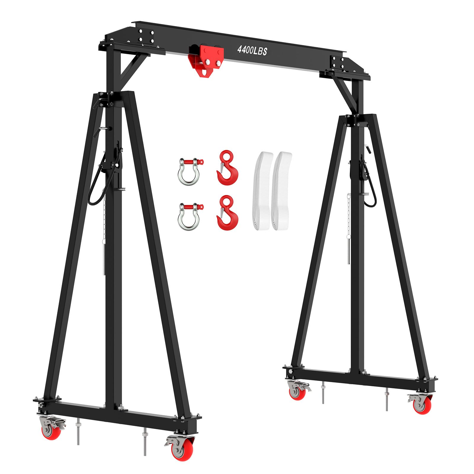 Adjustable Gantry Crane 2 Ton (4400 LBS) with Manual Trolley, Hook and Sling Strap, 12 Locking Positions (97" to 141") with Triangle Base, Portable