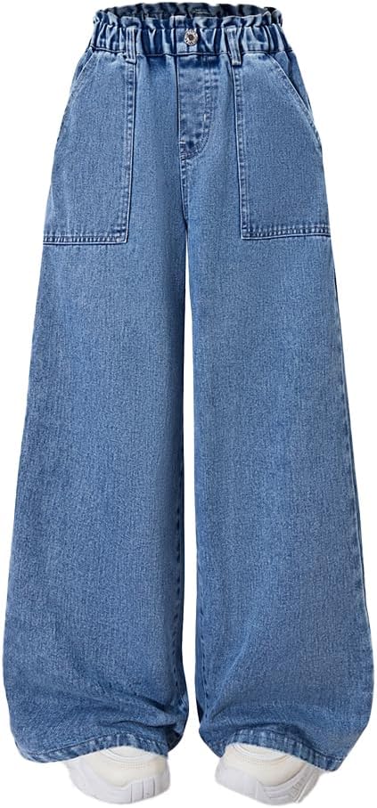 Nivne Tco Girls Wide Leg Jeans, Elastic Waist Baggy Denim Pants with Four Pockets, Trendy Loose Fit Trousers for Girls