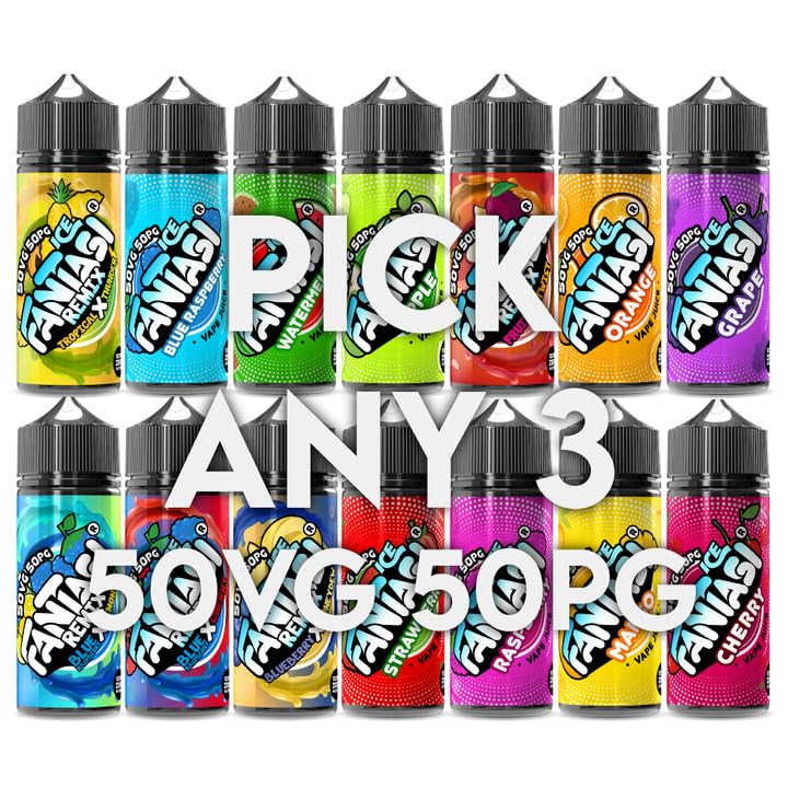 Fantasi Ice Vape Liquid 3 x 100ml, 50vg/50pg No Nicotine Customisable Vape E-Liquid Bundle, All Day Vaping, Pod System E-Cigarette Juice, 120ml Chubby Gorilla Shortfill Bottles (Pick Any 3)