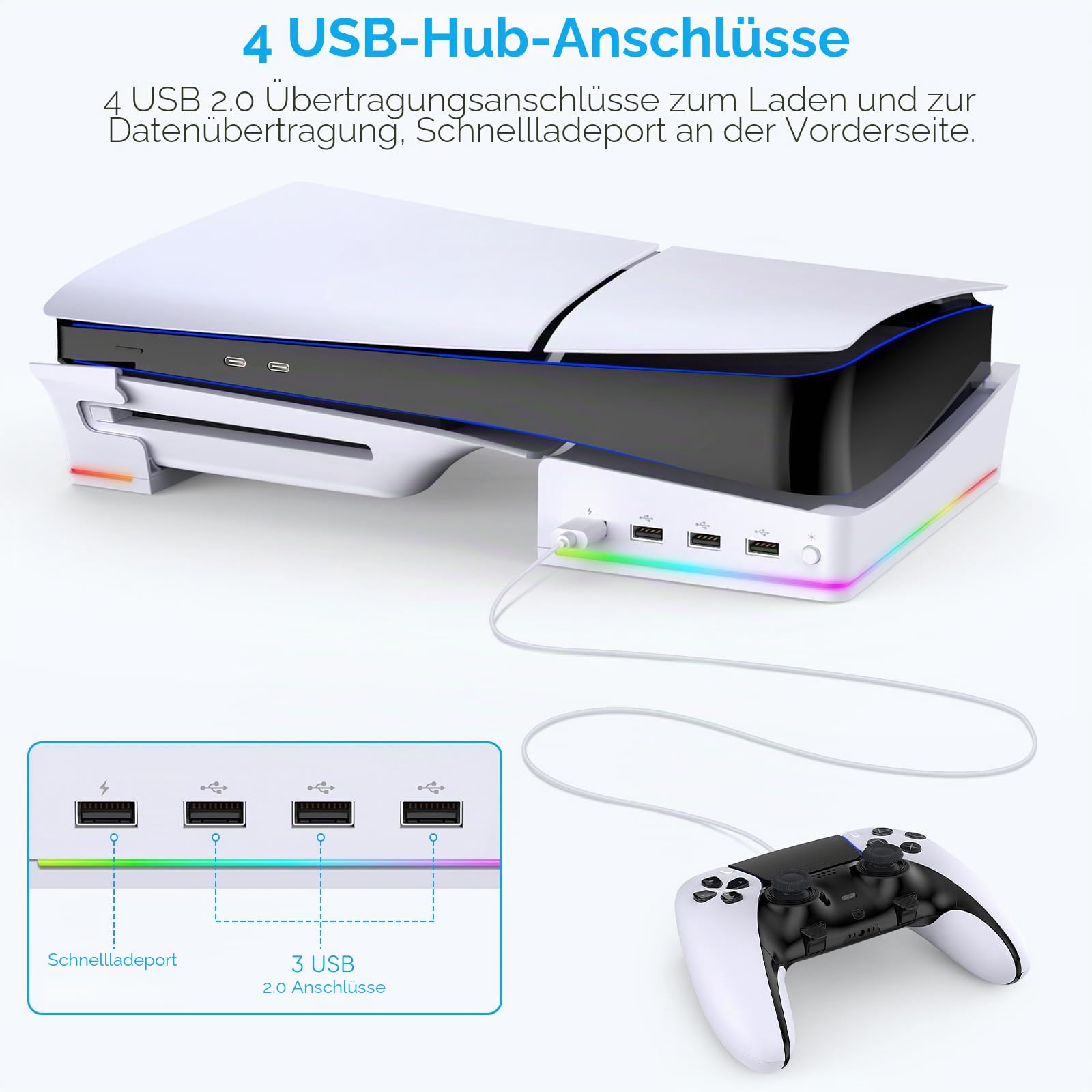 FYOUNG Horizontaler Standfuß für PS5 Pro/PS5 Slim Konsole, rutschfestes Basisständer Zubehör mit 4-Port USB zum Laden/Daten und 14 RGB Leuchten für PlayStation 5 Slim & für PlayStation 5 Pro